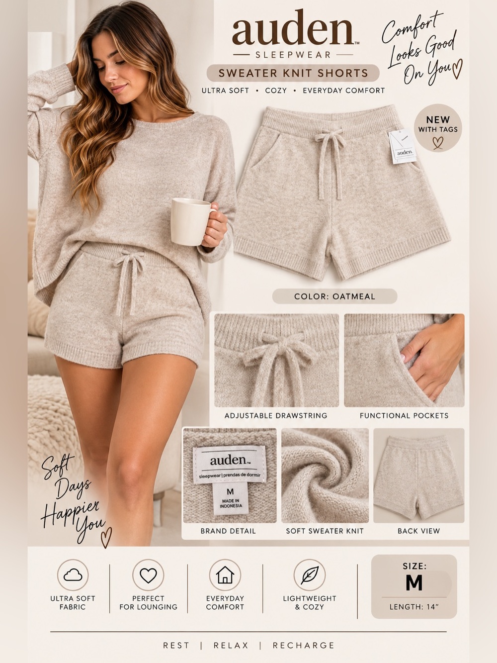 Auden Women’s Sweater Knit Sleep Shorts Size M Oatmeal Cozy Lounge NWT